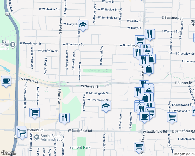 map of restaurants, bars, coffee shops, grocery stores, and more near 836 W Edgewood St in Springfield