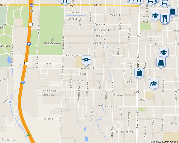 map of restaurants, bars, coffee shops, grocery stores, and more near 1210 Regan Avenue in Carthage