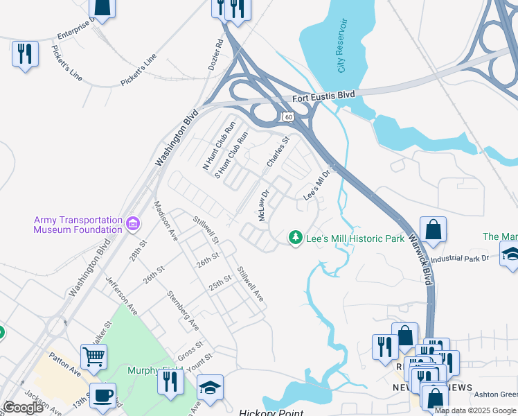 map of restaurants, bars, coffee shops, grocery stores, and more near 619 McLaw Drive in Newport News
