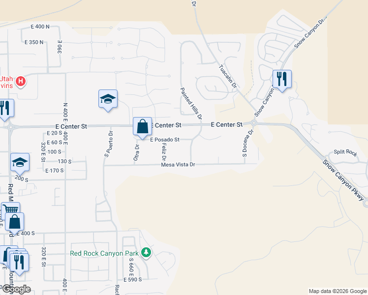map of restaurants, bars, coffee shops, grocery stores, and more near 82 Padre Canyon Dr in Ivins