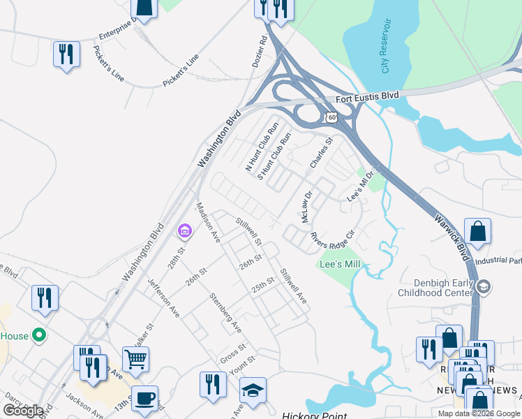 map of restaurants, bars, coffee shops, grocery stores, and more near 104 Gretna Way in Newport News