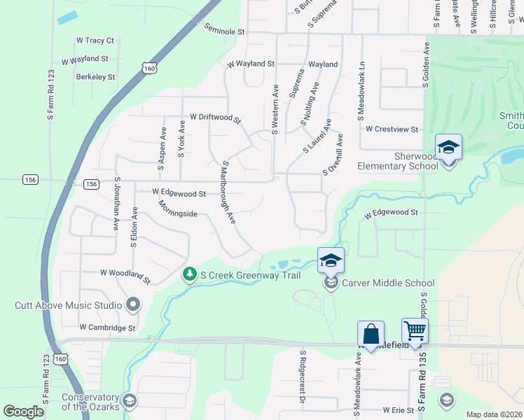 map of restaurants, bars, coffee shops, grocery stores, and more near 3560 West Morningside Place in Springfield