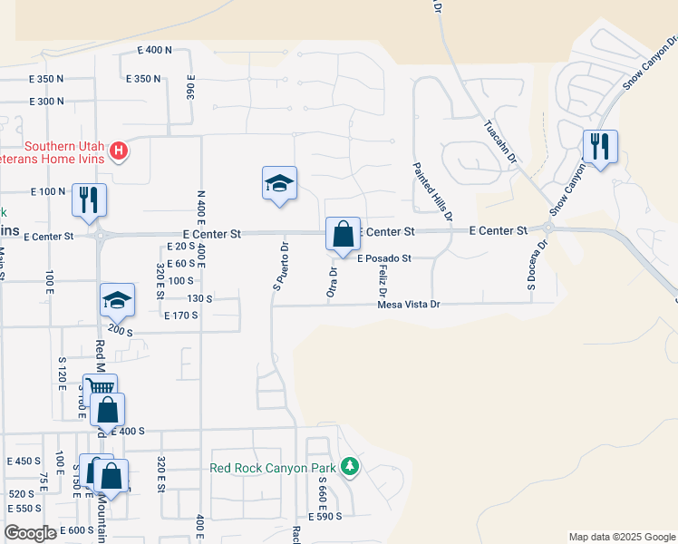map of restaurants, bars, coffee shops, grocery stores, and more near 81 Otra Drive in Ivins