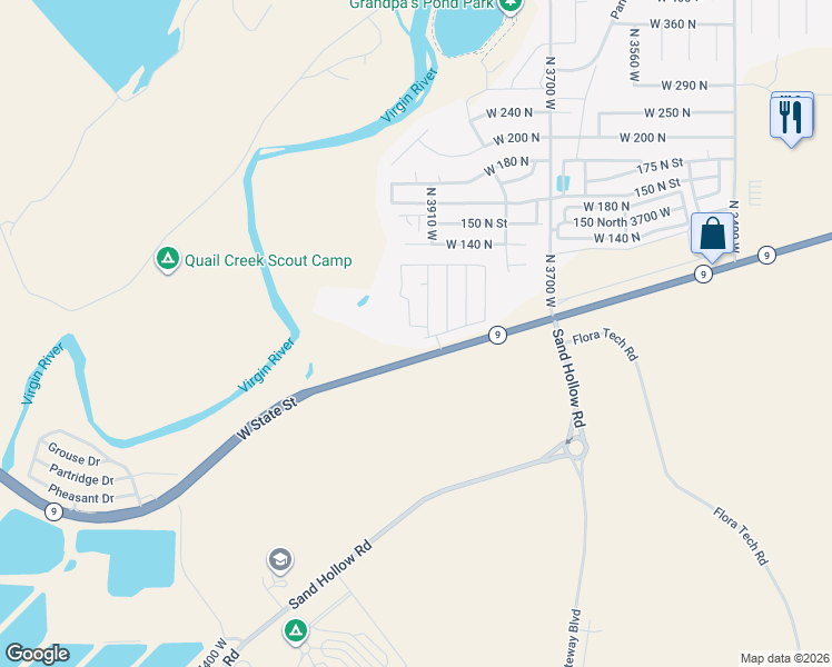 map of restaurants, bars, coffee shops, grocery stores, and more near 3929 West 40 North in Hurricane