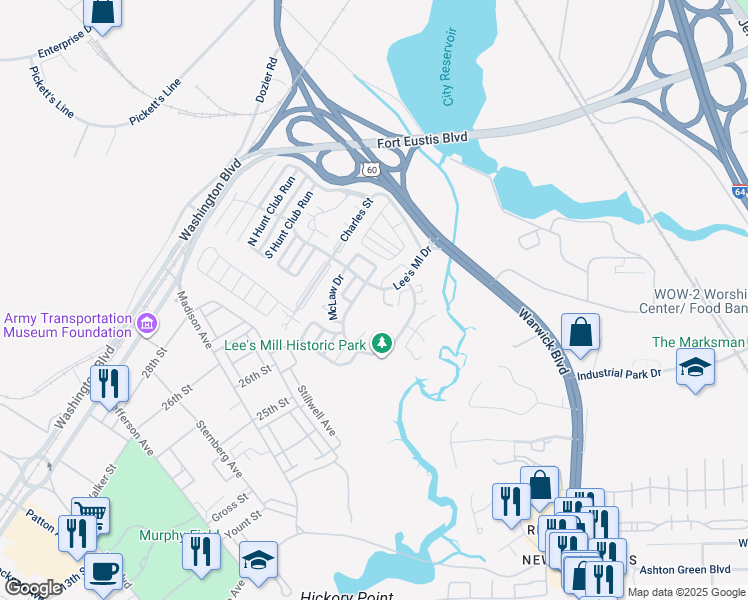 map of restaurants, bars, coffee shops, grocery stores, and more near 440 Lees Mill Drive in Newport News
