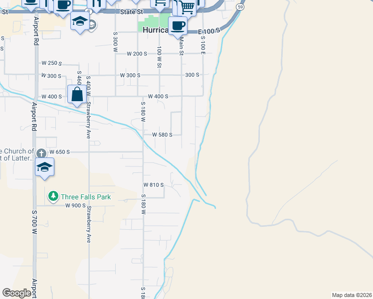 map of restaurants, bars, coffee shops, grocery stores, and more near 629 South Main Street in Hurricane