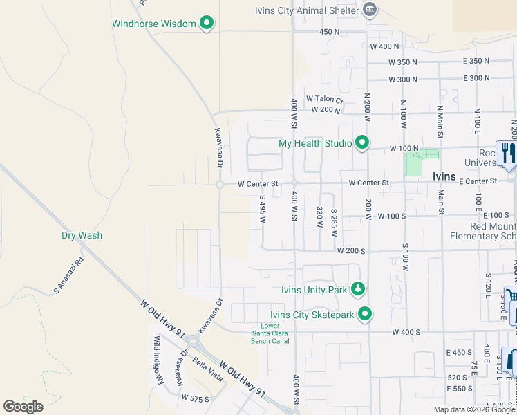map of restaurants, bars, coffee shops, grocery stores, and more near West 80 South in Ivins