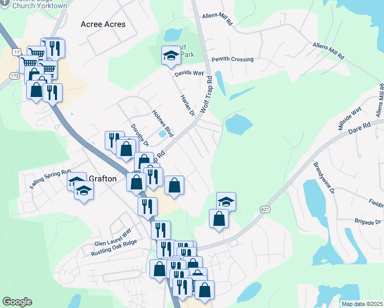 map of restaurants, bars, coffee shops, grocery stores, and more near 113 Hudgins Farm Drive in Yorktown