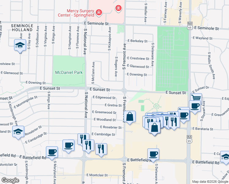 map of restaurants, bars, coffee shops, grocery stores, and more near 1340 East Sunset Street in Springfield