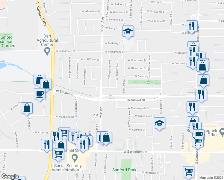 map of restaurants, bars, coffee shops, grocery stores, and more near 1136 West Edgewood Street in Springfield