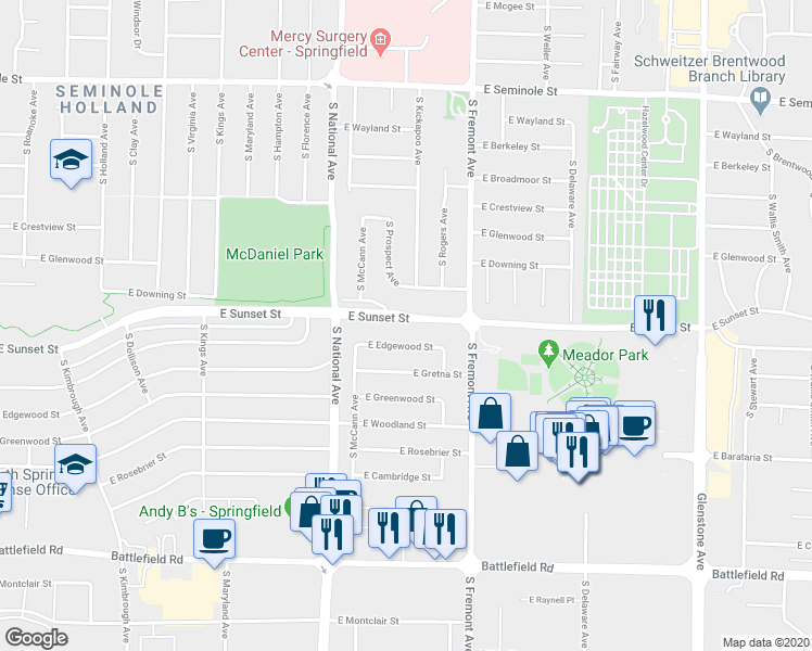 map of restaurants, bars, coffee shops, grocery stores, and more near 1304 East Sunset Street in Springfield