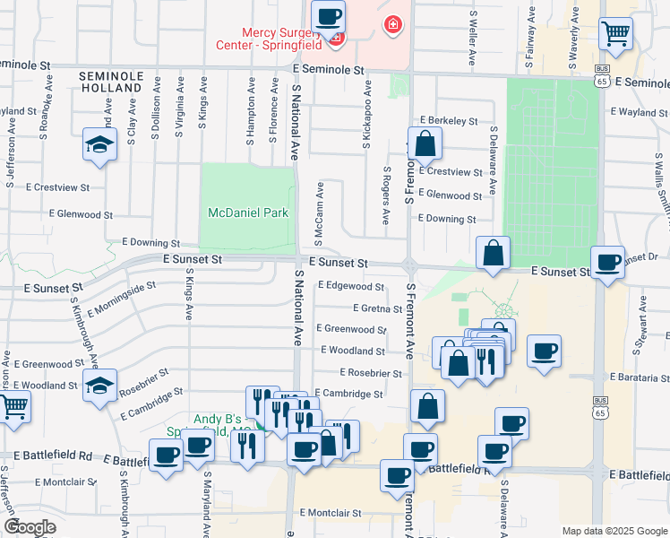 map of restaurants, bars, coffee shops, grocery stores, and more near 1254 East Sunset Street in Springfield