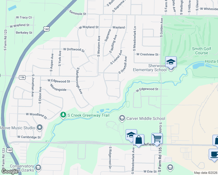 map of restaurants, bars, coffee shops, grocery stores, and more near 3401 West Morningside Court in Springfield