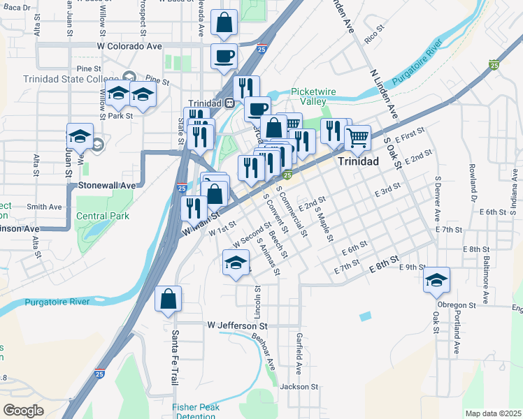 map of restaurants, bars, coffee shops, grocery stores, and more near 204 Beech Street in Trinidad