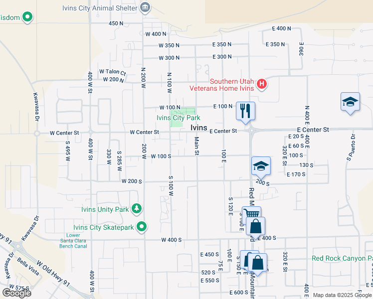 map of restaurants, bars, coffee shops, grocery stores, and more near 40 W 100 S in Ivins