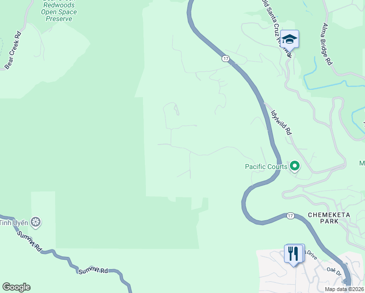 map of restaurants, bars, coffee shops, grocery stores, and more near 21112 Brush Road in Los Gatos