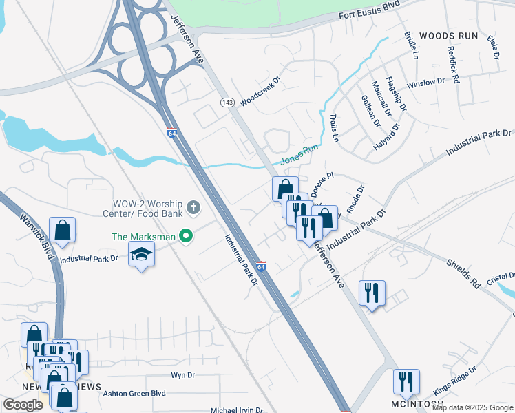 map of restaurants, bars, coffee shops, grocery stores, and more near 13200 Ridgeview Drive in Newport News
