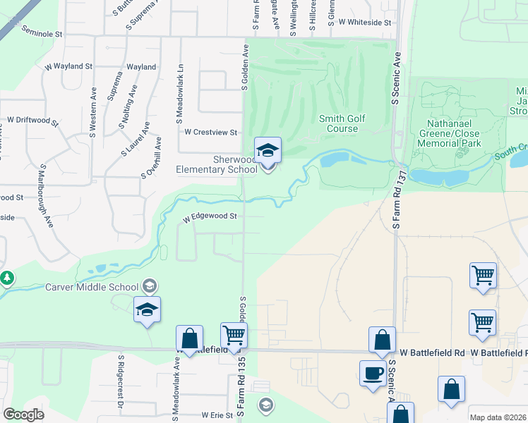 map of restaurants, bars, coffee shops, grocery stores, and more near 3031 West Edgewood Street in Springfield