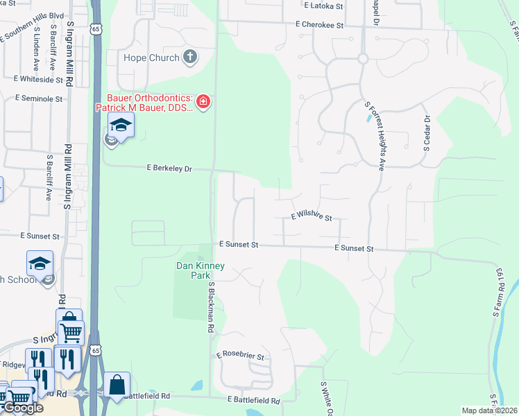 map of restaurants, bars, coffee shops, grocery stores, and more near 2516 South Brandon Avenue in Springfield