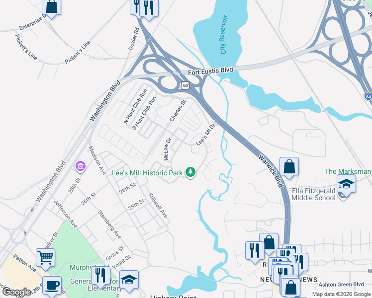 map of restaurants, bars, coffee shops, grocery stores, and more near 440 Lees Mill Drive in Newport News