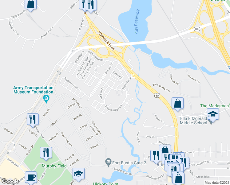 map of restaurants, bars, coffee shops, grocery stores, and more near 428 Lees Mill Drive in Newport News