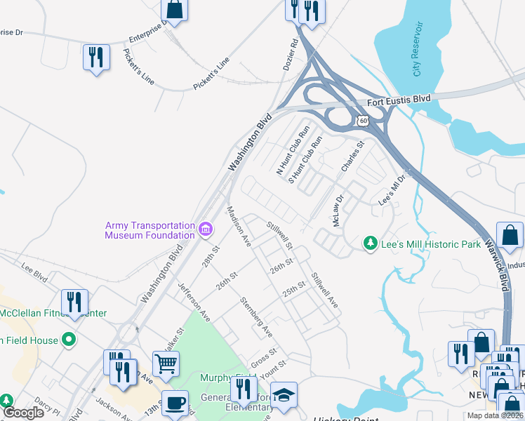 map of restaurants, bars, coffee shops, grocery stores, and more near 294 Bradmere Loop in Newport News