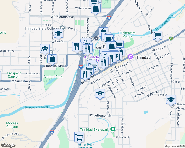 map of restaurants, bars, coffee shops, grocery stores, and more near 457 West Main Street in Trinidad