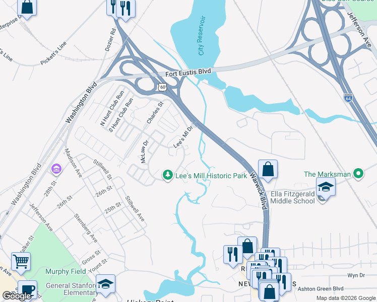 map of restaurants, bars, coffee shops, grocery stores, and more near 446 Rivers Ridge Circle in Newport News