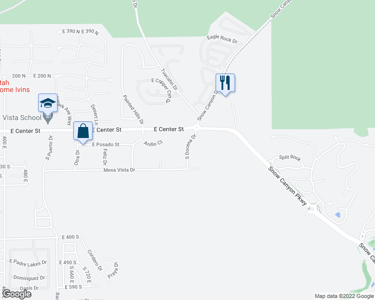 map of restaurants, bars, coffee shops, grocery stores, and more near 86 South Docena Drive in Ivins
