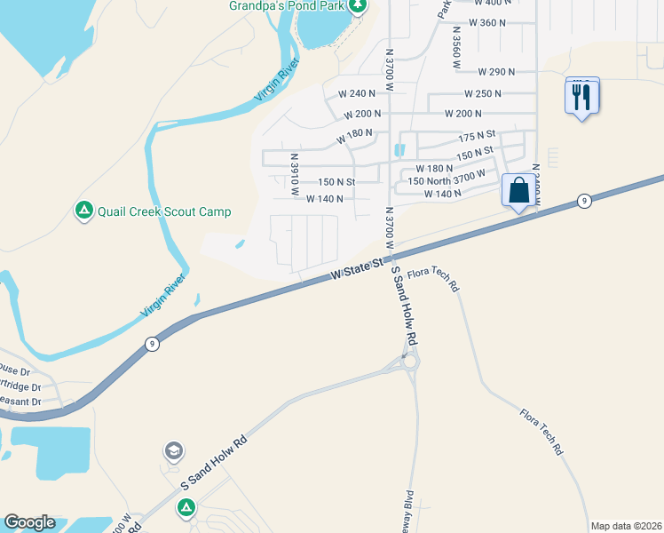 map of restaurants, bars, coffee shops, grocery stores, and more near 3829 West 20 North in Hurricane