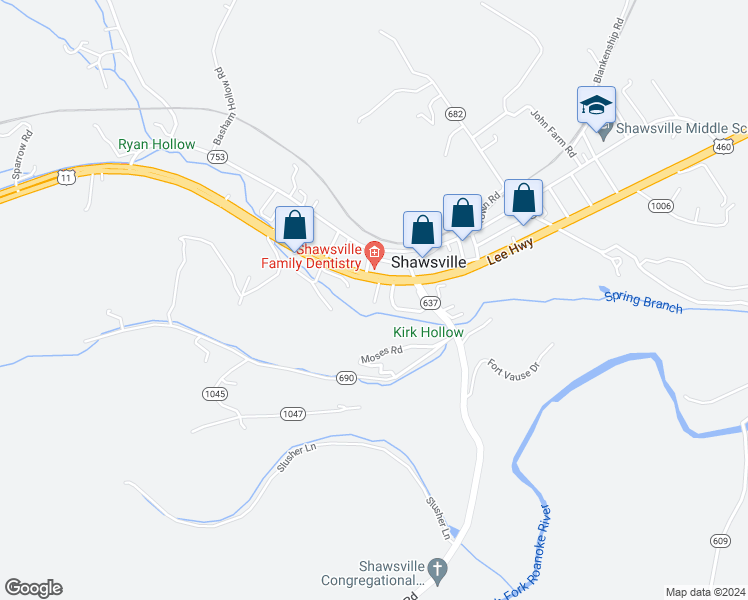 map of restaurants, bars, coffee shops, grocery stores, and more near 6905 Roanoke Road in Shawsville
