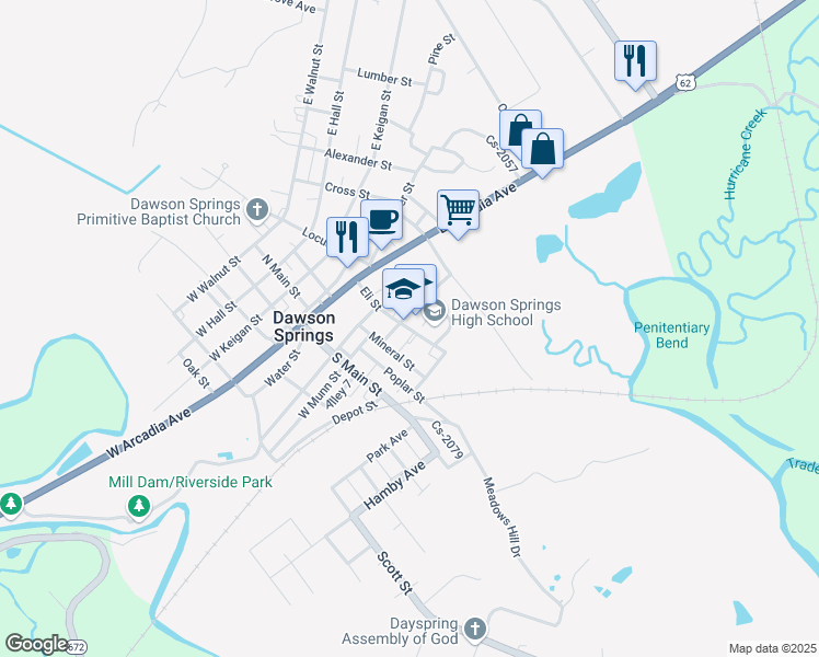 map of restaurants, bars, coffee shops, grocery stores, and more near 317 Eli Street in Dawson Springs