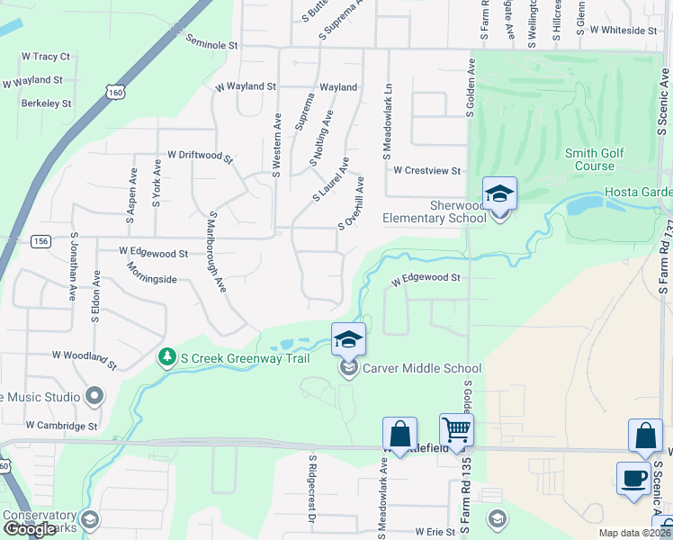 map of restaurants, bars, coffee shops, grocery stores, and more near 3401 Morningside Court in Springfield