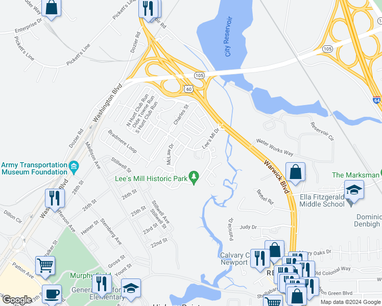 map of restaurants, bars, coffee shops, grocery stores, and more near 422 Lees Mill Drive in Newport News