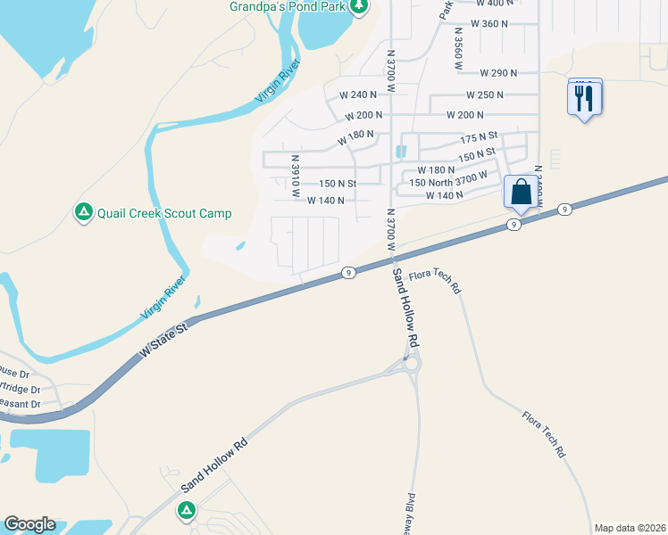 map of restaurants, bars, coffee shops, grocery stores, and more near 3829 West 20 North in Hurricane