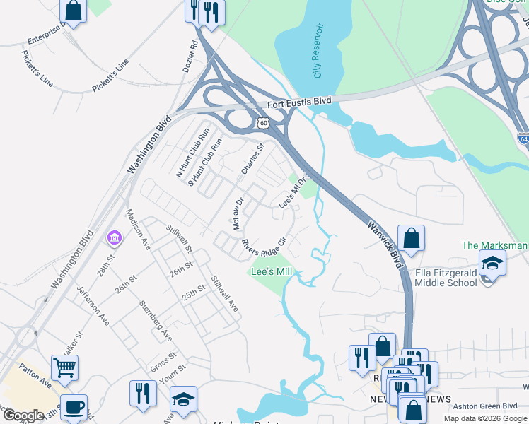 map of restaurants, bars, coffee shops, grocery stores, and more near 440 Lees Mill Drive in Newport News