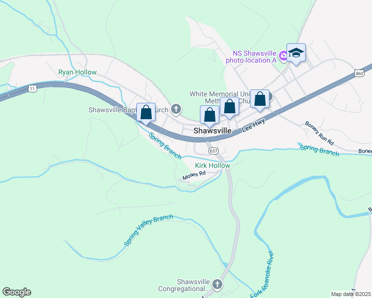 map of restaurants, bars, coffee shops, grocery stores, and more near 6905 Roanoke Road in Shawsville