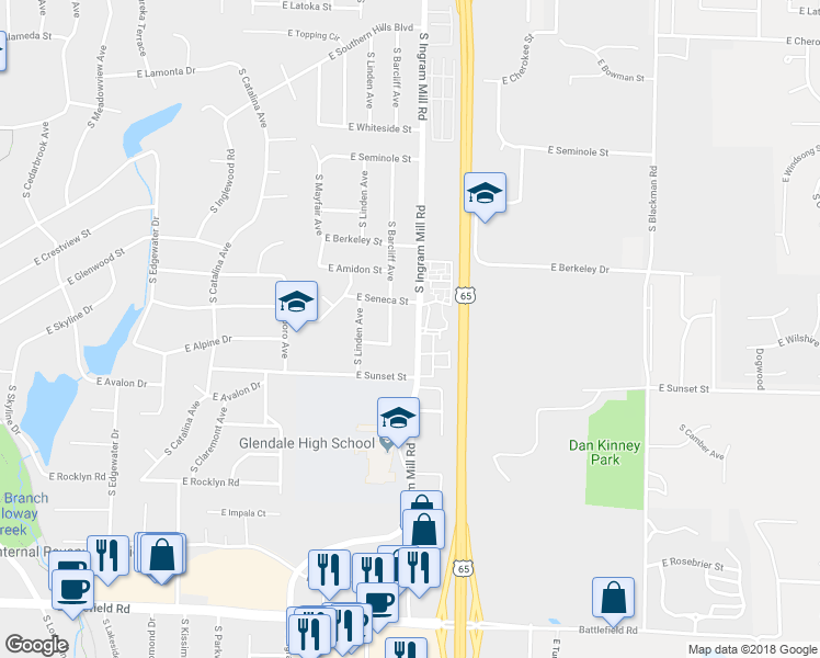 map of restaurants, bars, coffee shops, grocery stores, and more near 2527 South Ingram Mill Road in Springfield