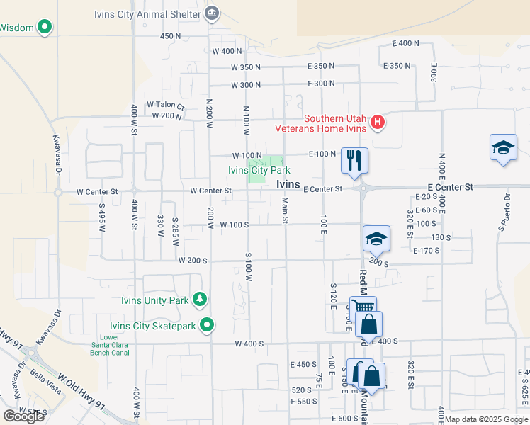 map of restaurants, bars, coffee shops, grocery stores, and more near 70 West 100 South in Ivins