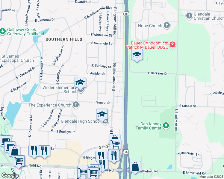 map of restaurants, bars, coffee shops, grocery stores, and more near 2527 South Ingram Mill Road in Springfield