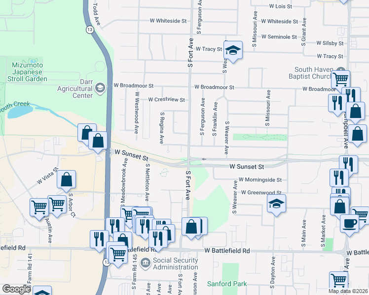 map of restaurants, bars, coffee shops, grocery stores, and more near 2628 South Fort Avenue in Springfield