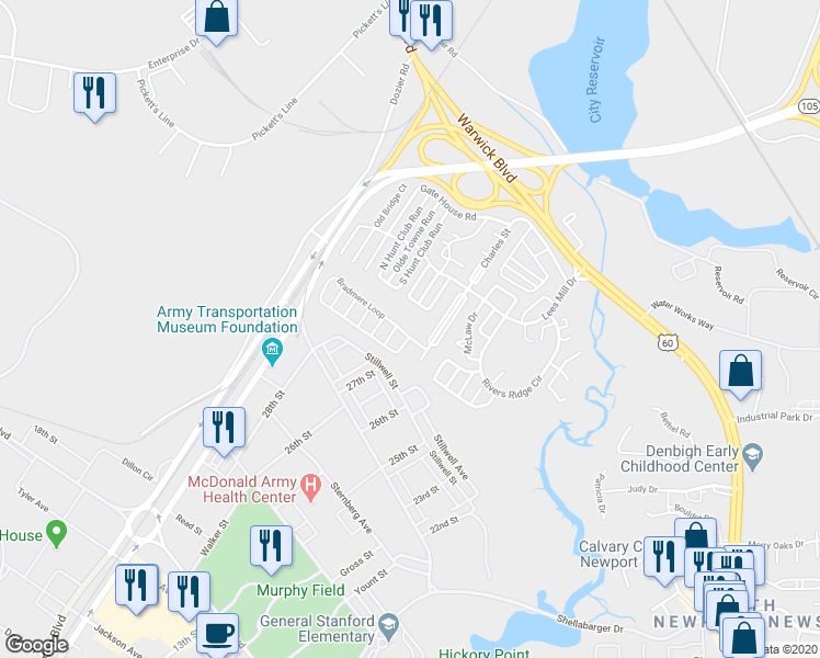map of restaurants, bars, coffee shops, grocery stores, and more near 204 Bradmere Loop in Newport News