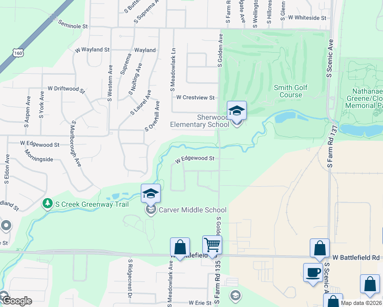 map of restaurants, bars, coffee shops, grocery stores, and more near 3195 West Edgewood Street in Springfield