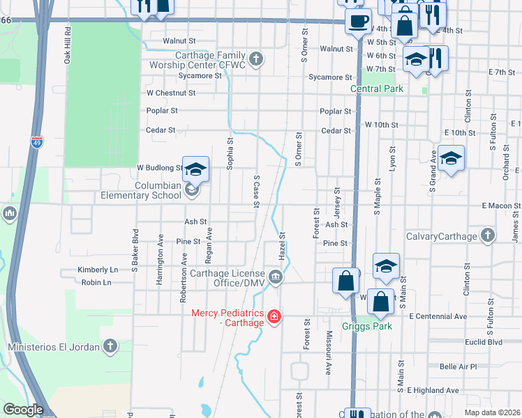 map of restaurants, bars, coffee shops, grocery stores, and more near 726 West Macon Street in Carthage