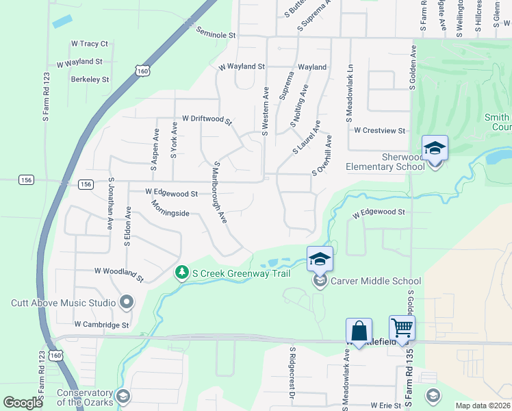 map of restaurants, bars, coffee shops, grocery stores, and more near 3560 W Morningside Pl in Springfield