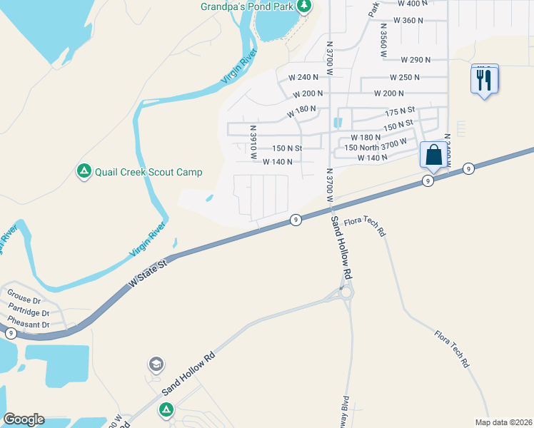 map of restaurants, bars, coffee shops, grocery stores, and more near 36 North 3880 West in Hurricane