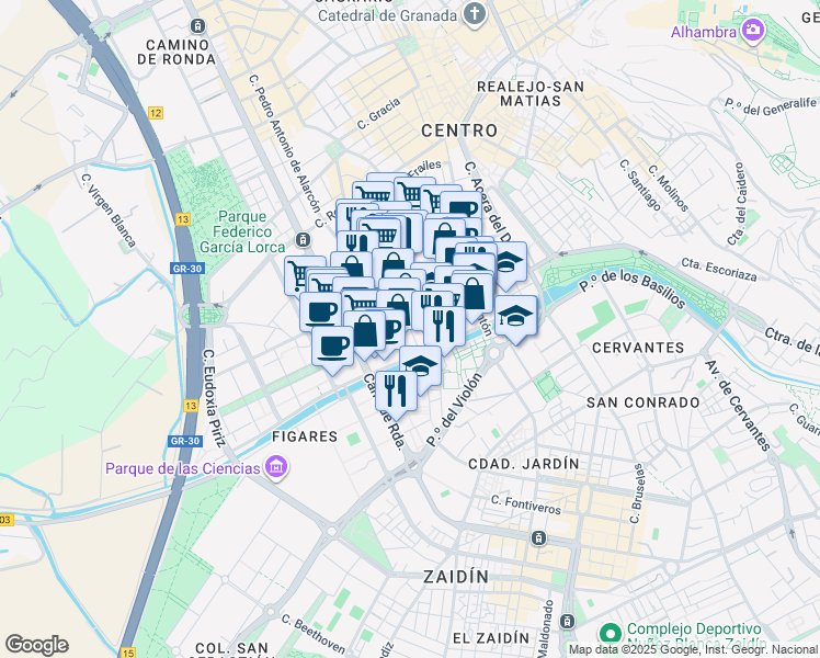 map of restaurants, bars, coffee shops, grocery stores, and more near 2 Calle Sederos in Granada
