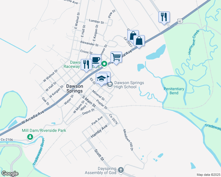 map of restaurants, bars, coffee shops, grocery stores, and more near 317 Eli Street in Dawson Springs