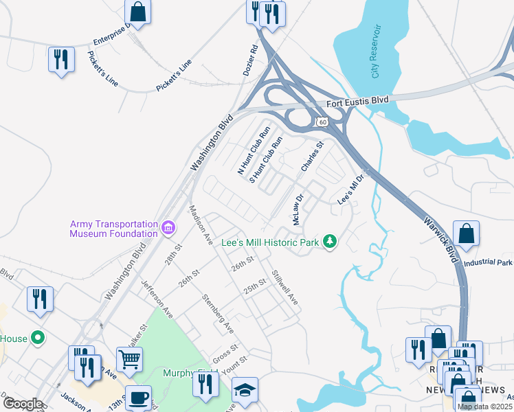 map of restaurants, bars, coffee shops, grocery stores, and more near 206 Bradmere Loop in Newport News