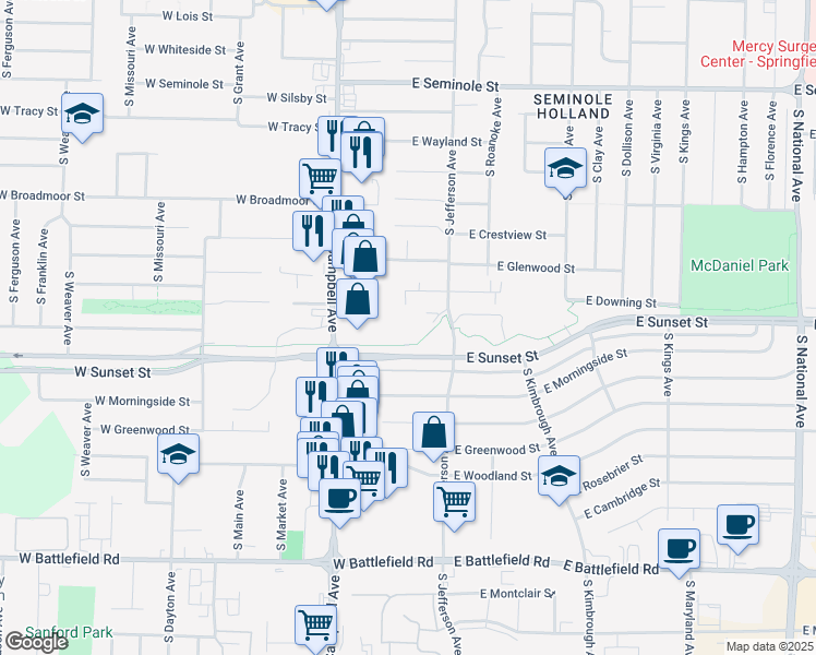 map of restaurants, bars, coffee shops, grocery stores, and more near 2621 South Jefferson Avenue in Springfield